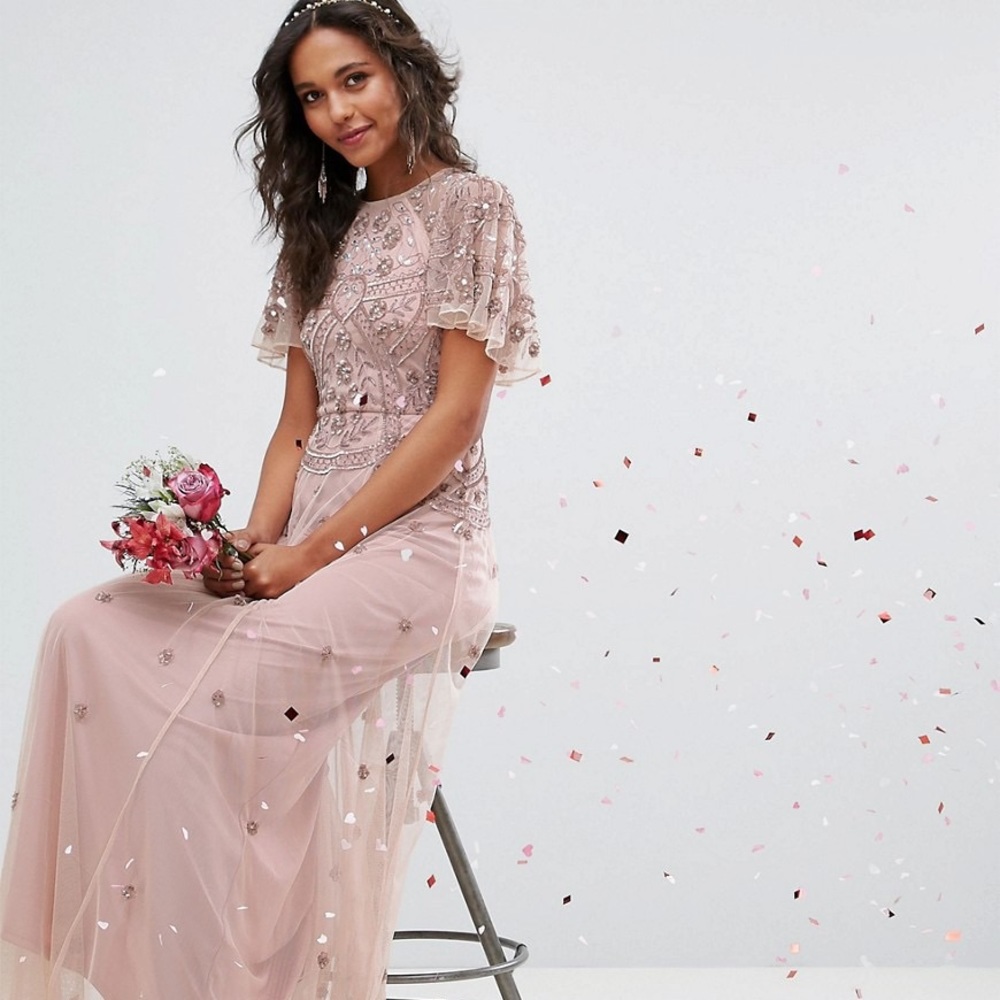 ASOS Wedding Iridescent Beaded Flutter Sleeve Gown Bridesmaid petite Dress